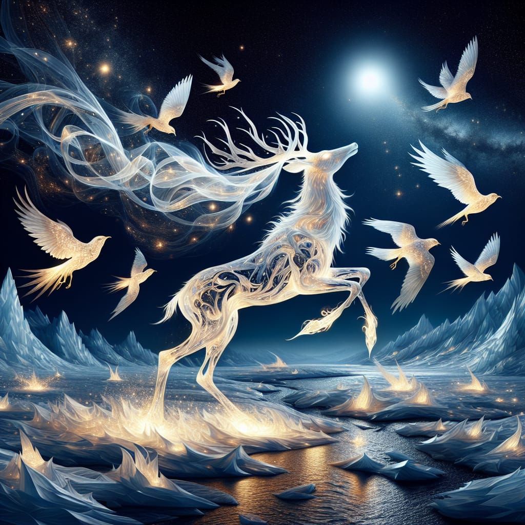 Luminous Stag in Celestial Tundra, Ethereal Paper-Craft