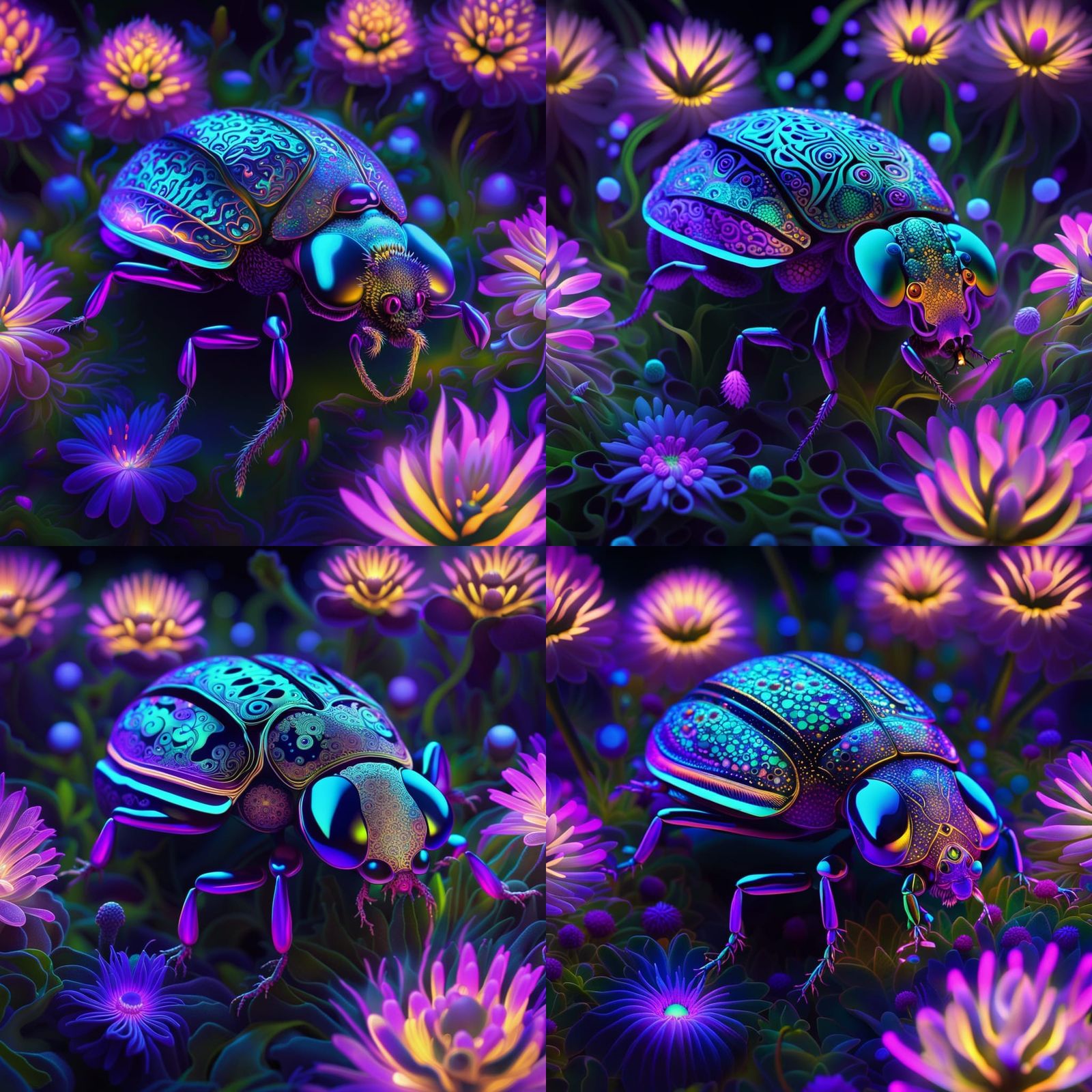 Funky flower Glowing hologram beetle fractals hyperdetailed Intricately detailed fluorescent insect sitting on alien f...