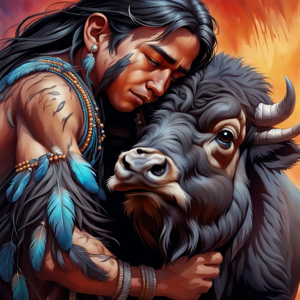 Blackfeet Boy Hugging Buffalo: Hyperrealistic Art