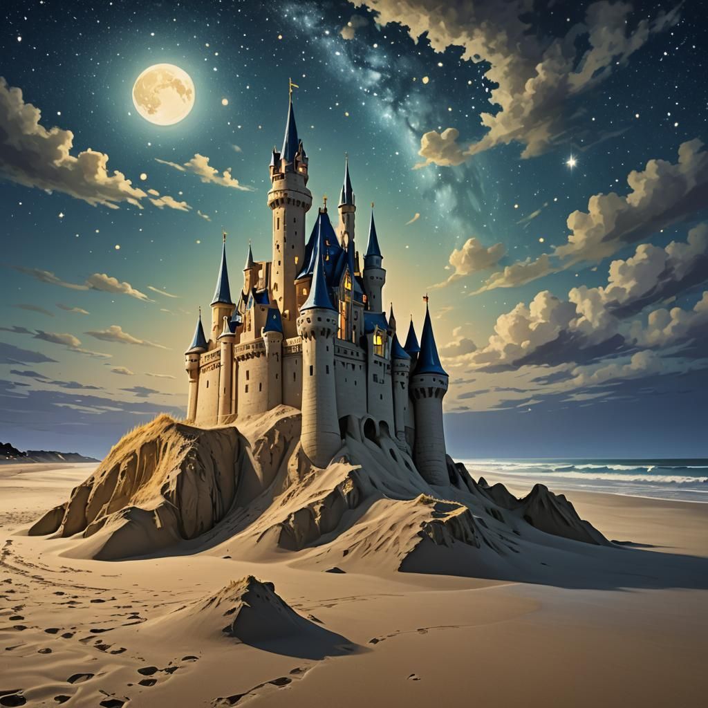 Majestic Sandcastle Under Starlight, Dreamy Digital Art