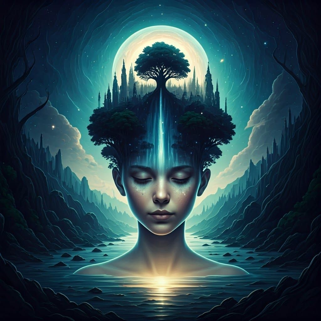 Ethereal Girl Emerge from Cosmic Waves in Dreamlike, Fractal...