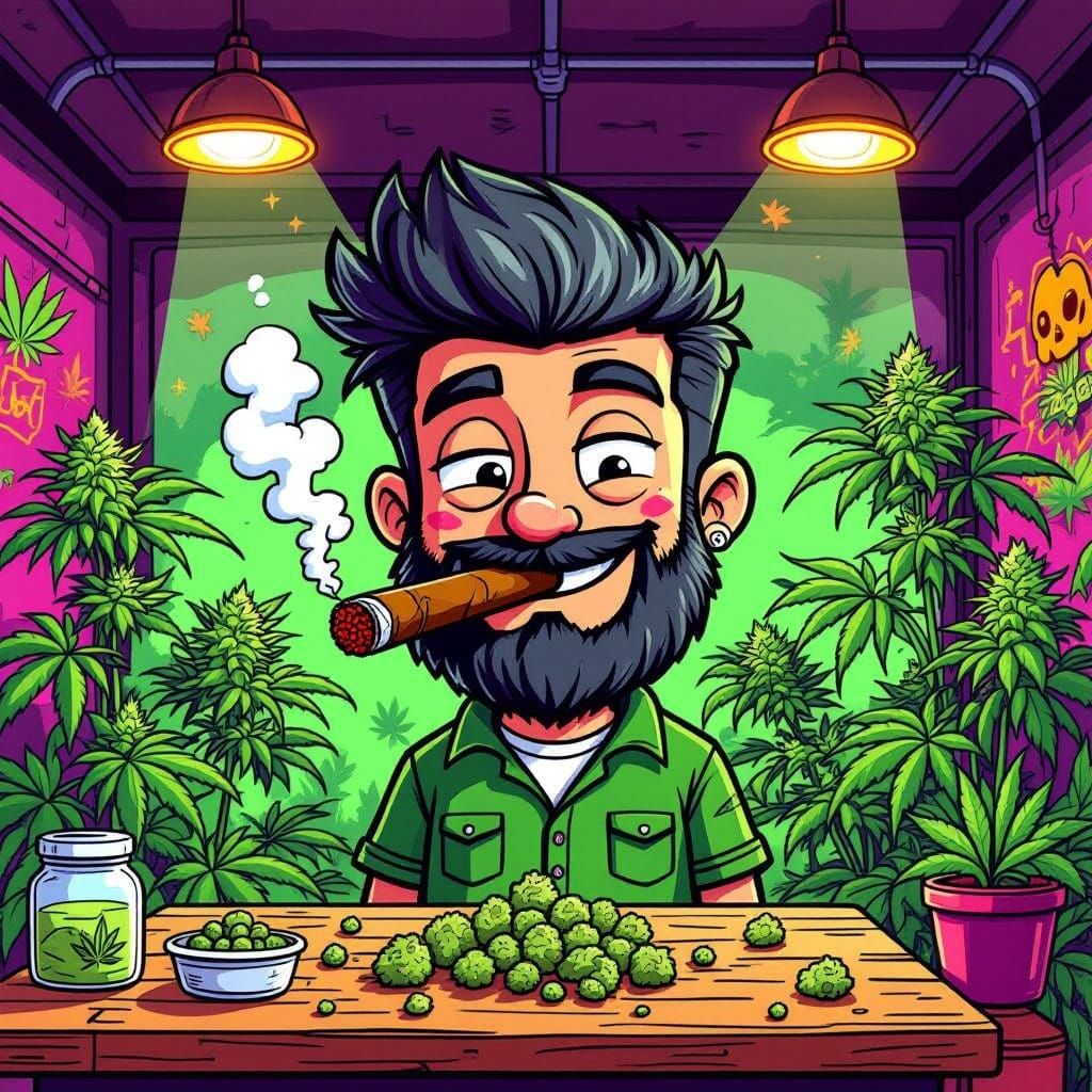 Cartoon Character in Cannabis Grow Tent Illustration