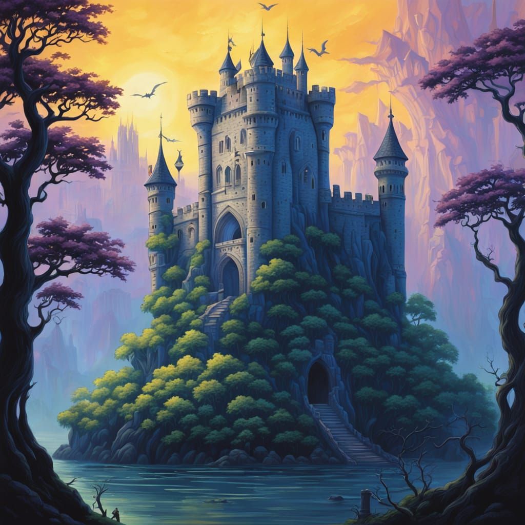 Fantasy Landscape with Dragon and Gothic Portals