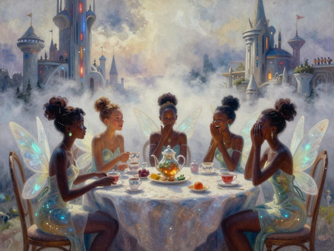 Bioluminescent Fairies Gossiping at Tea in Futuristic Castle...