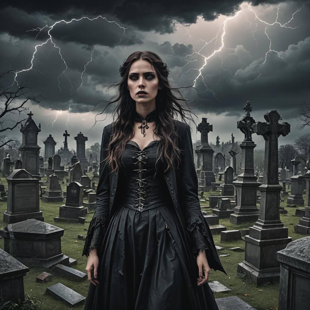 Gothic Girl in Graveyard Under Stormy Sky