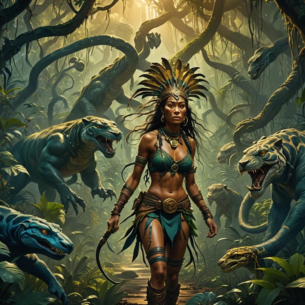 Tribal Warrior Woman in Jungle, Surreal Matte Painting