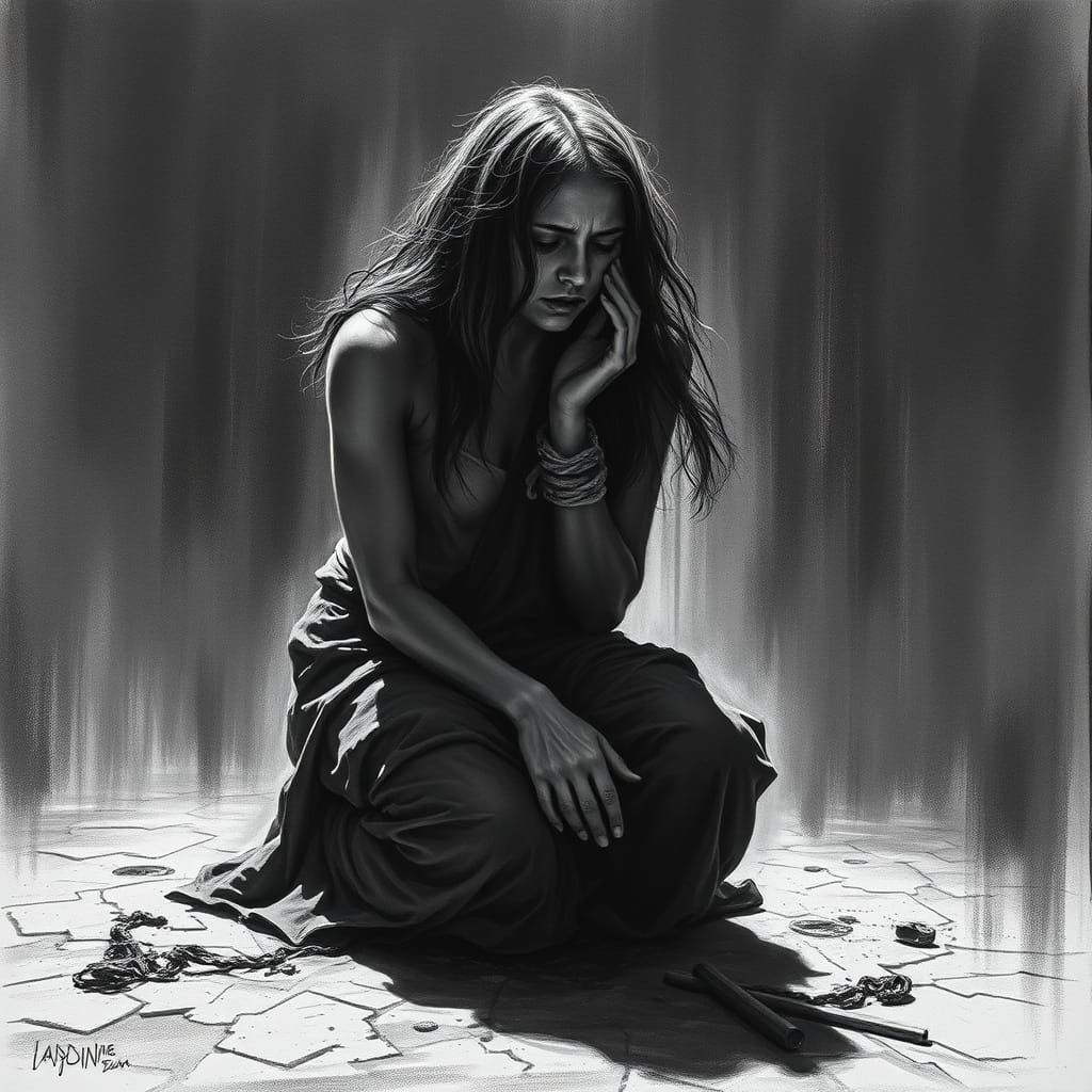 Anguished Woman in Charcoal, Evoking Goya's Intensity