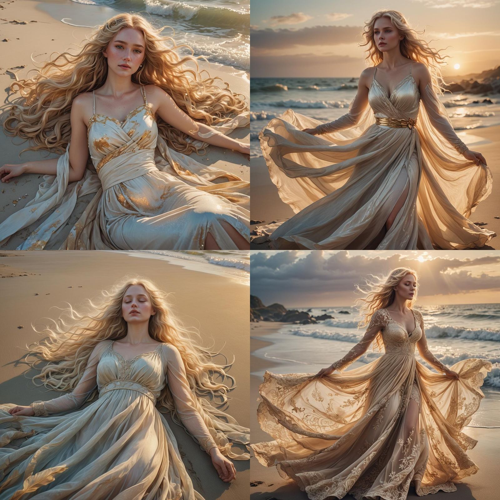 Goddess with Flowing Hair on Beach at Sunset
