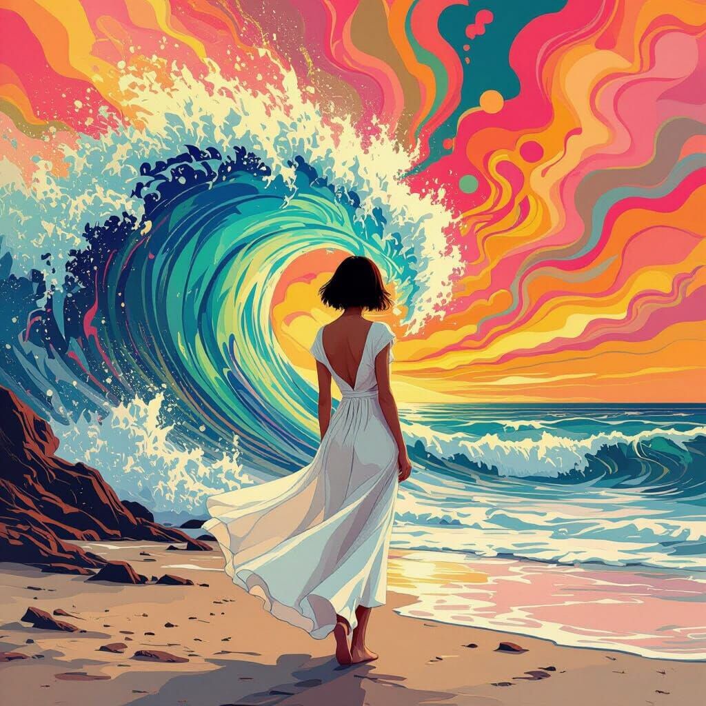 Psychedelic Wave Washes Over Woman on Desolate Shore