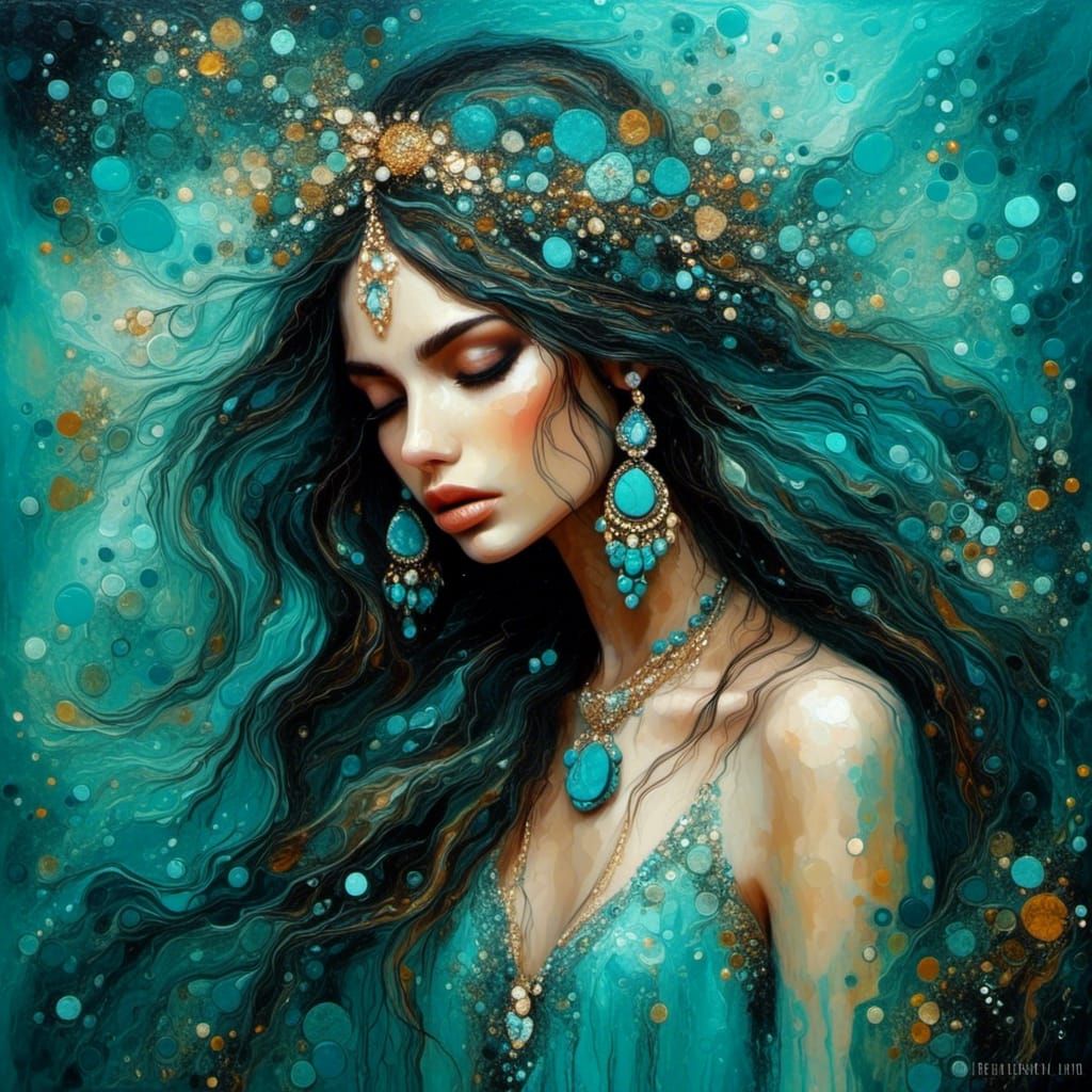 Bohemian Woman in Turquoise, Liquid Pour Painting