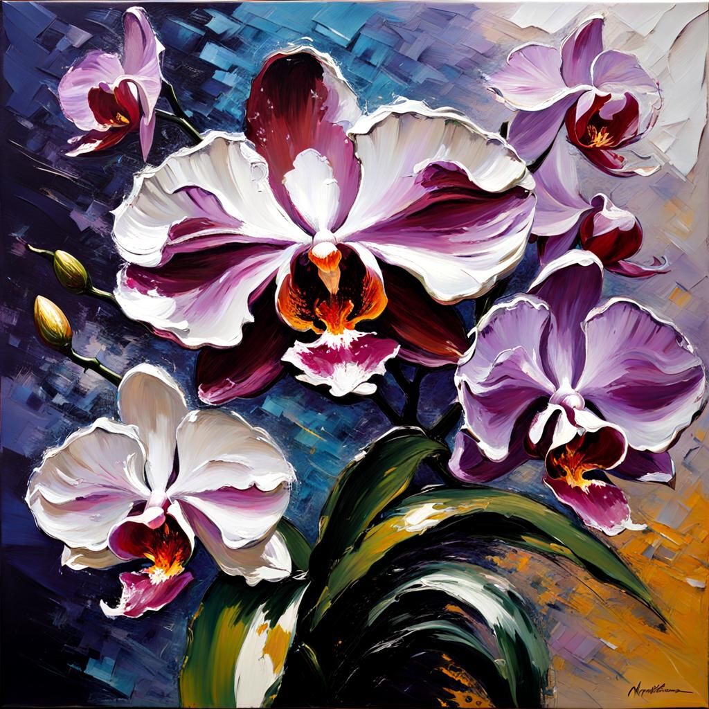 Orchid in Ikebana Style as Impasto Painting