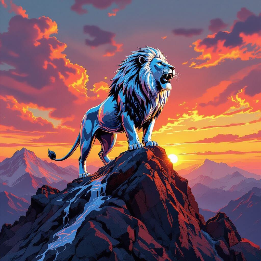 Liquid Mercury Lion Roaring at Sunset, Art Nouveau Style