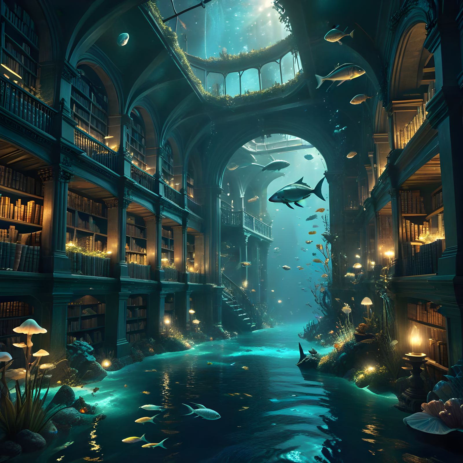 Underwater Library in a Fantastical Digital Art Style