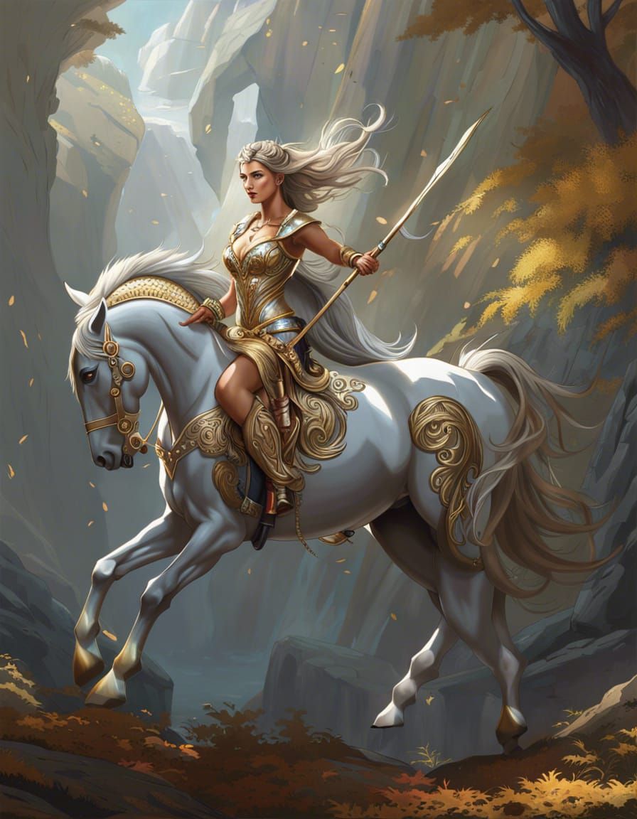 Gold and Silver Female Centaur in Dark Fantasy Style