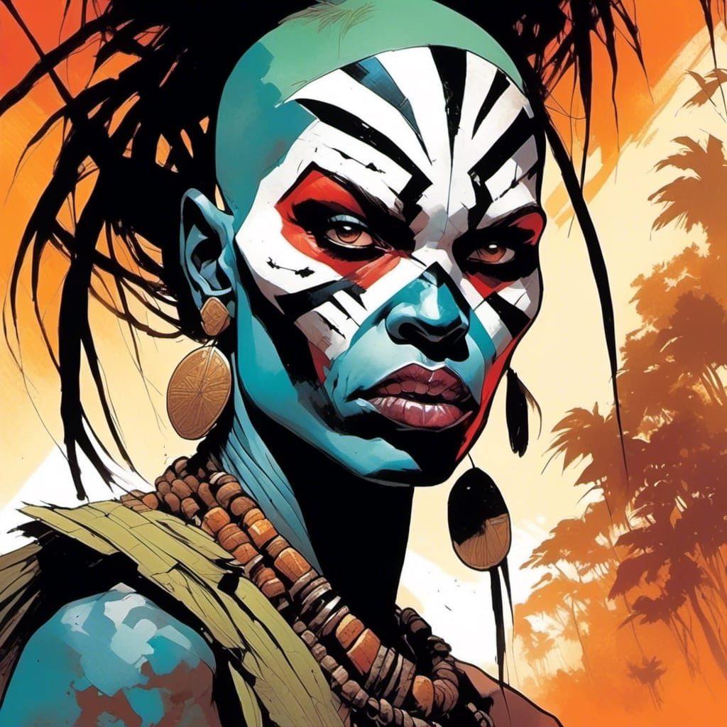 Intense Tribal Woman Portrait in Comic Book Style