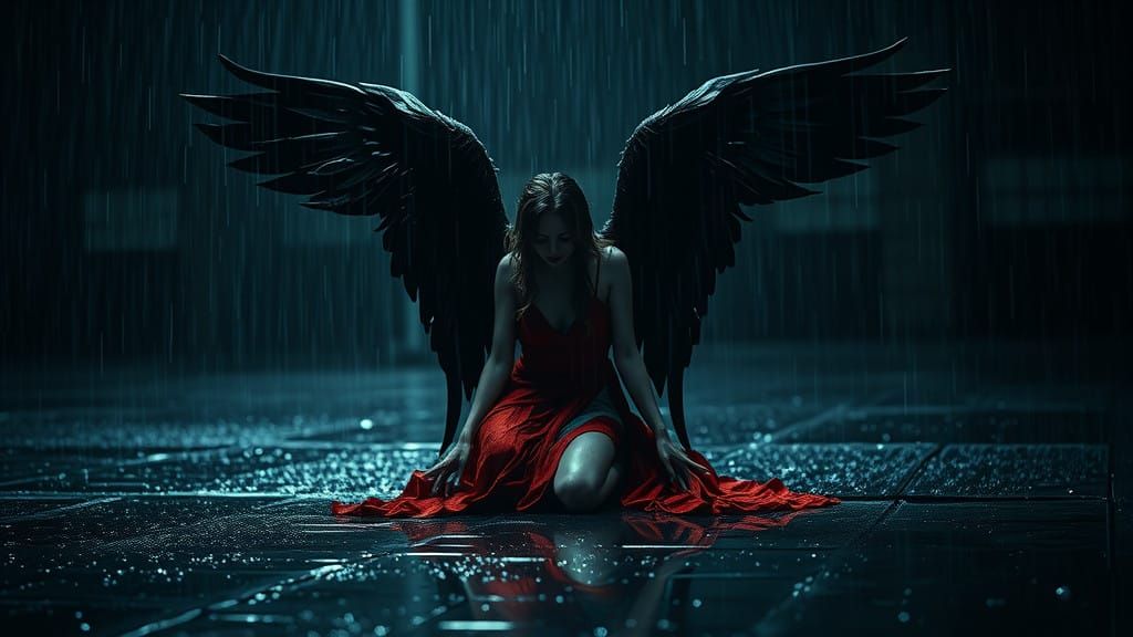 Ethereal Fallen Angel in Rainy Night Scene, in a Dark Fantas...