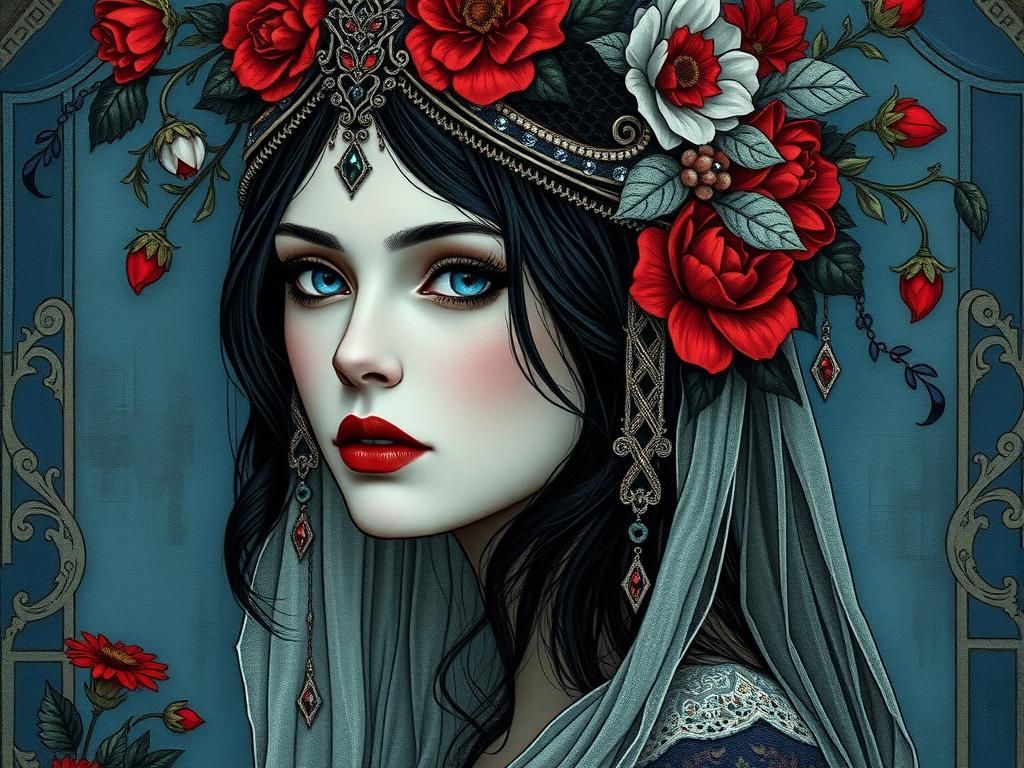 Gothic Woman in Art Deco Crown with Florals