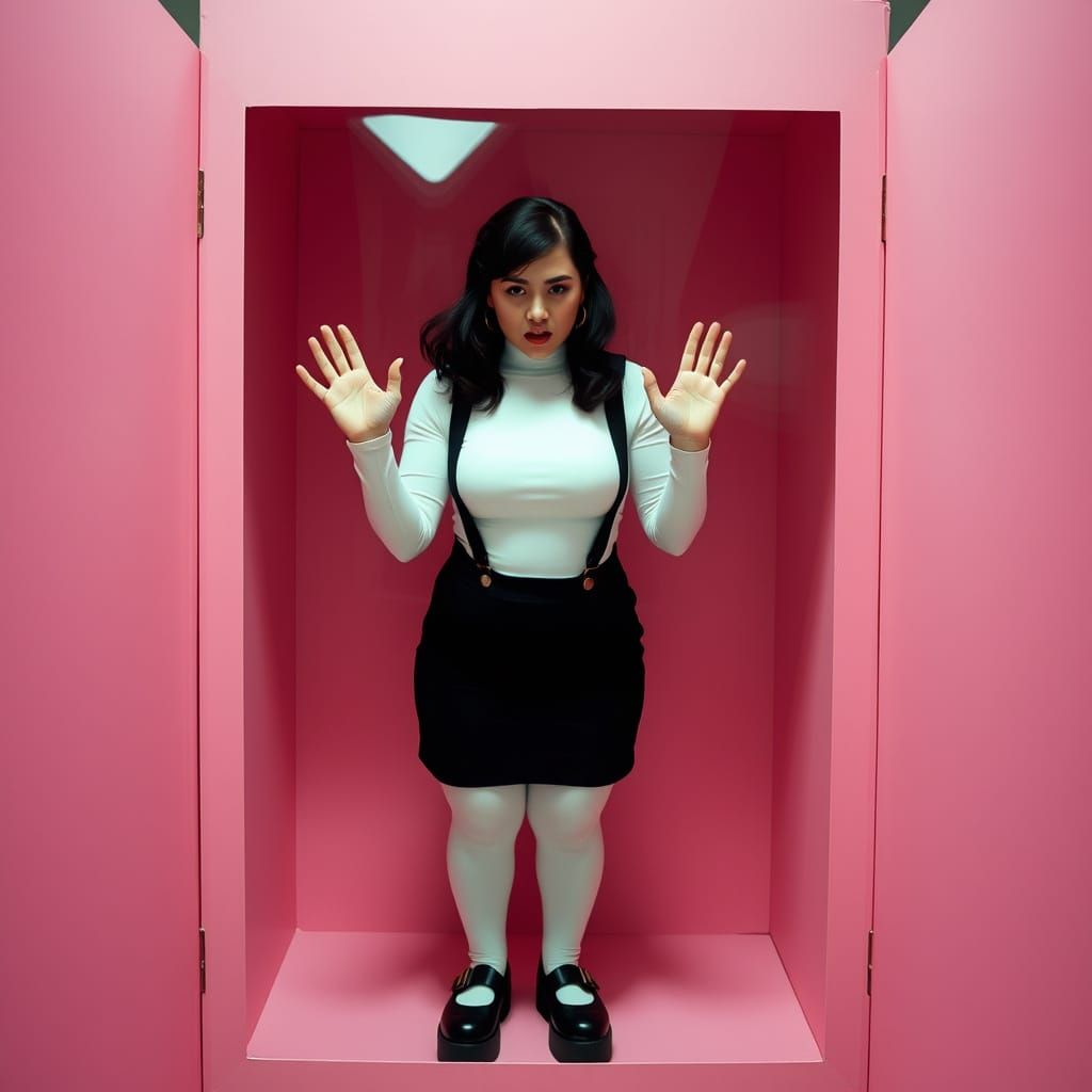 Voluptuous Woman Trapped in Giant Pink Cardboard Box