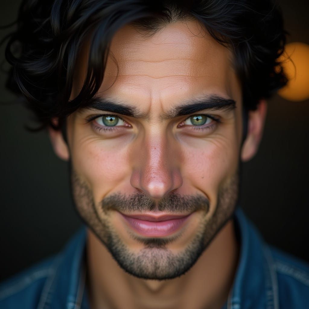 Handsome Man with Piercing Green Eyes in Intense Portrait