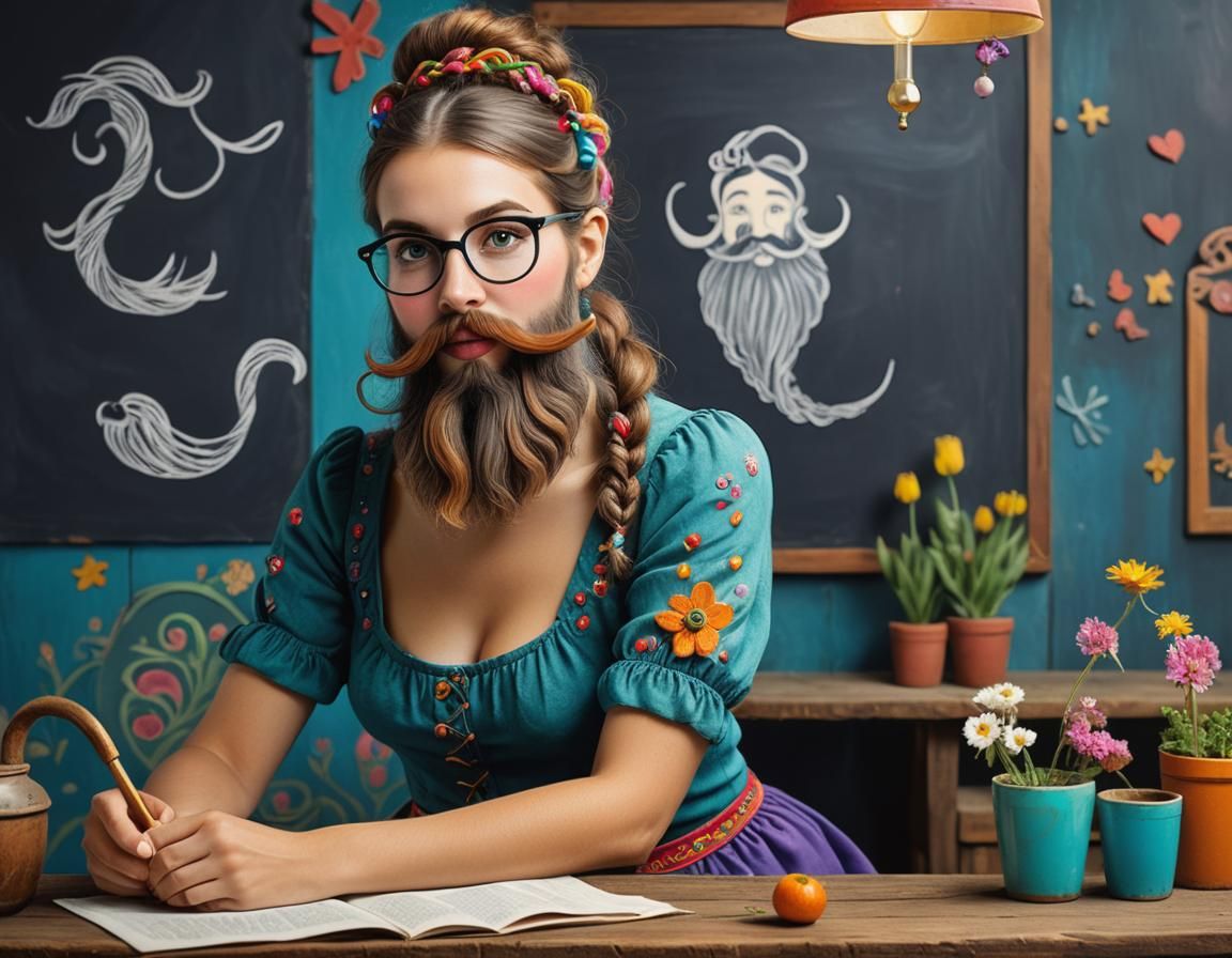 Bearded Woman with Whimsical Facial Hair