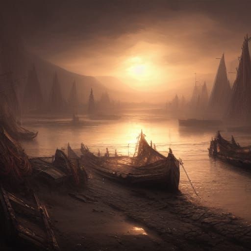Dried River Boats in Dark Fantasy Style