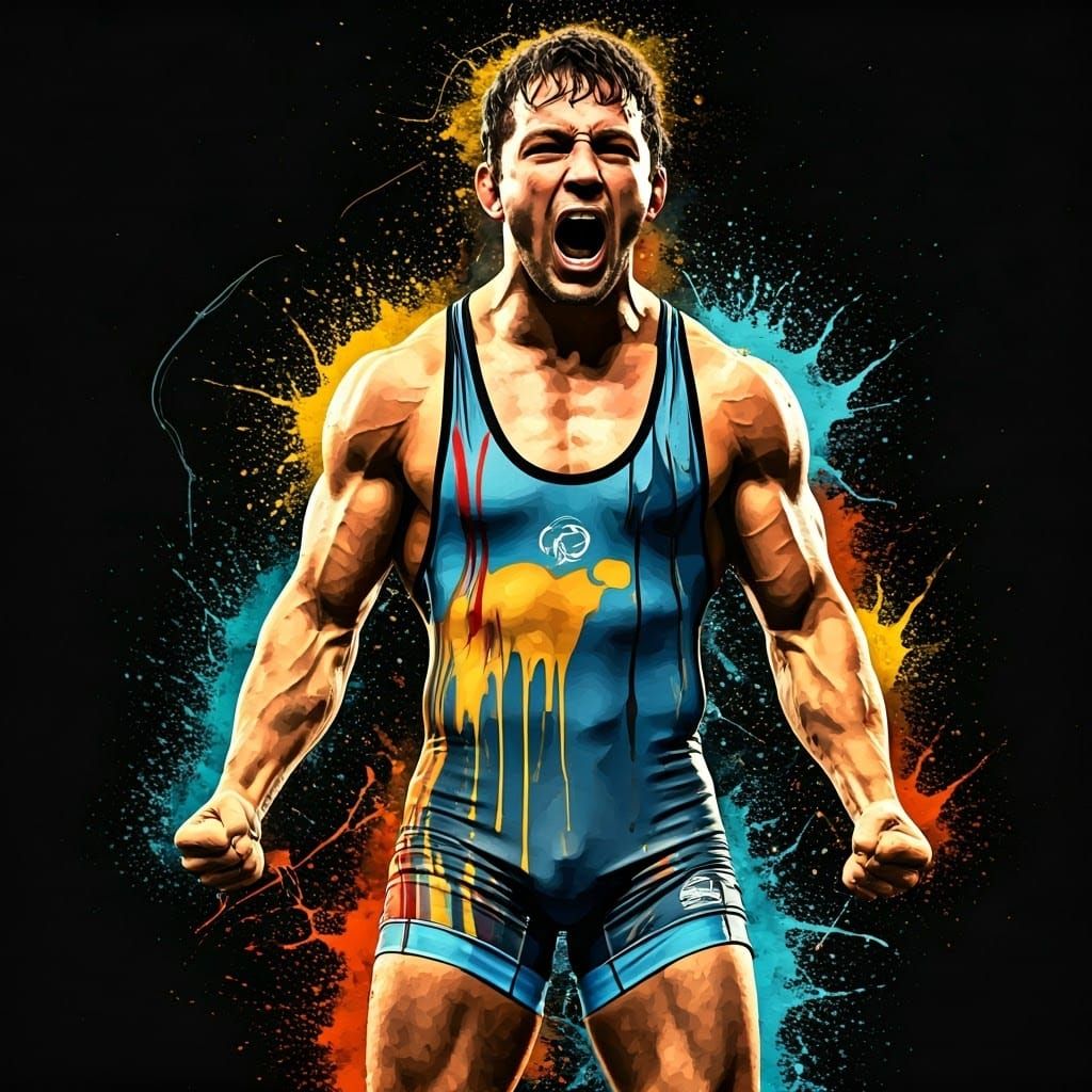 Triumphant Olympic Wrestler in Graffiti Art Style