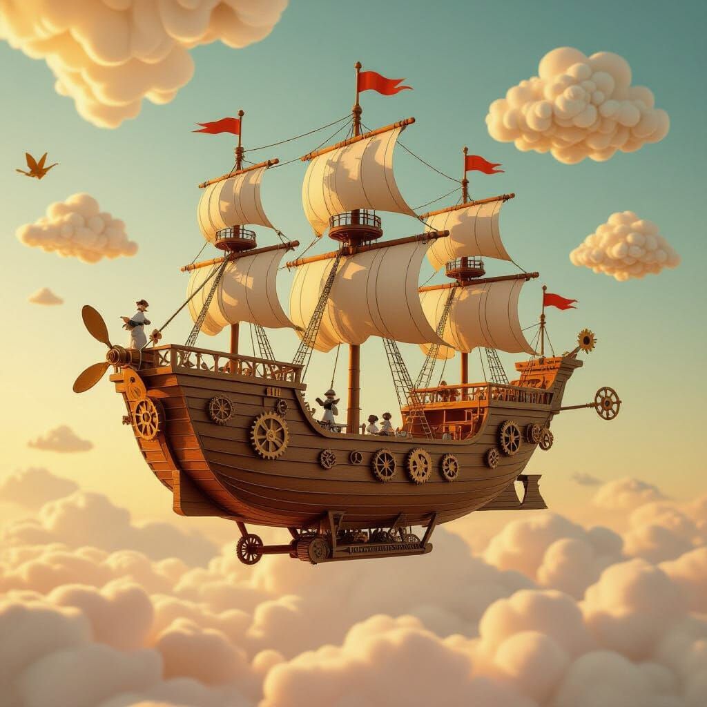 Steampunk Paper Airship Soaring Through Clockwork Sky