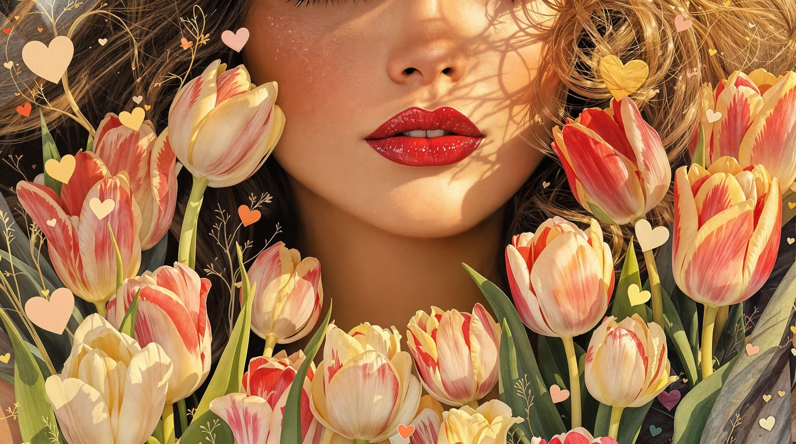 Stunning Red-Lipped Beauty Amidst Vibrant Tulips and Hearts