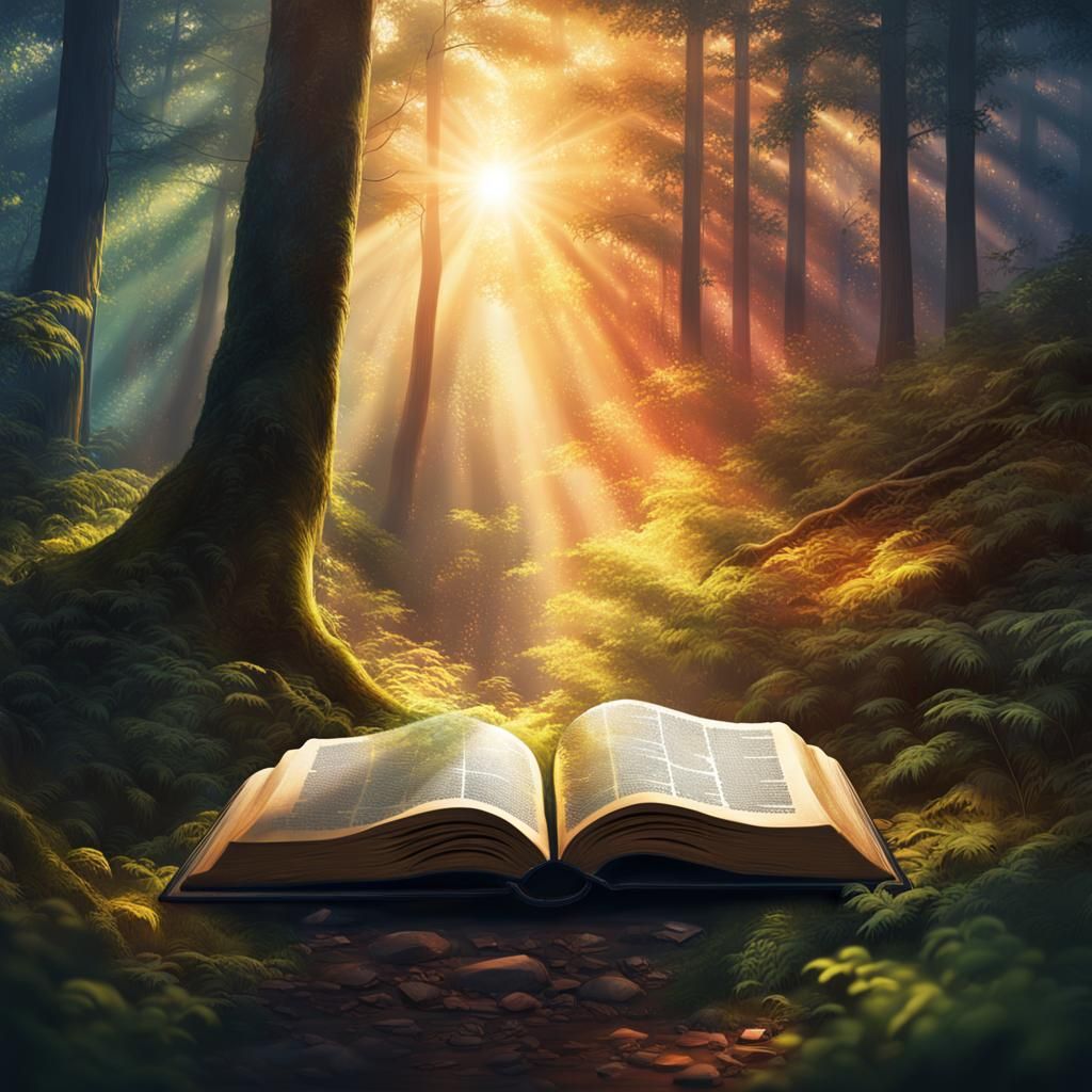 Illuminated Bible in Forest: Hyperrealistic Splash Art