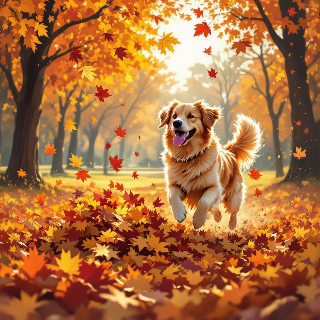 Joyful Autumn Dog Leaping in Colorful Leaves
