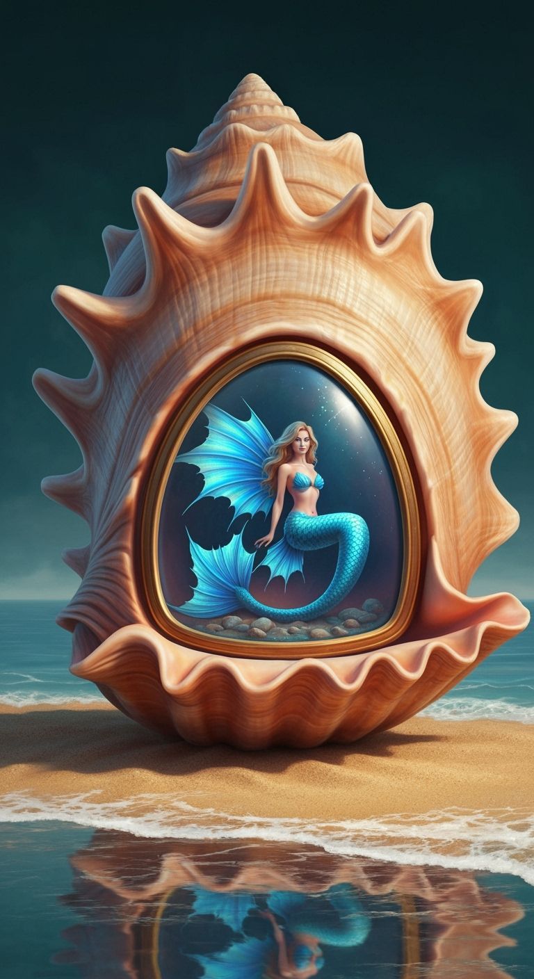 Ornate Seashell with Mermaid, Realistic Digital Art
