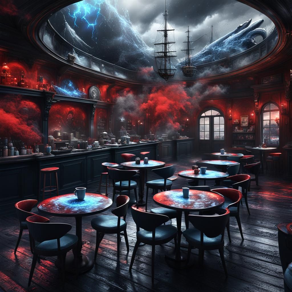 Surreal Coffee Shop Scene in Black and White and Red