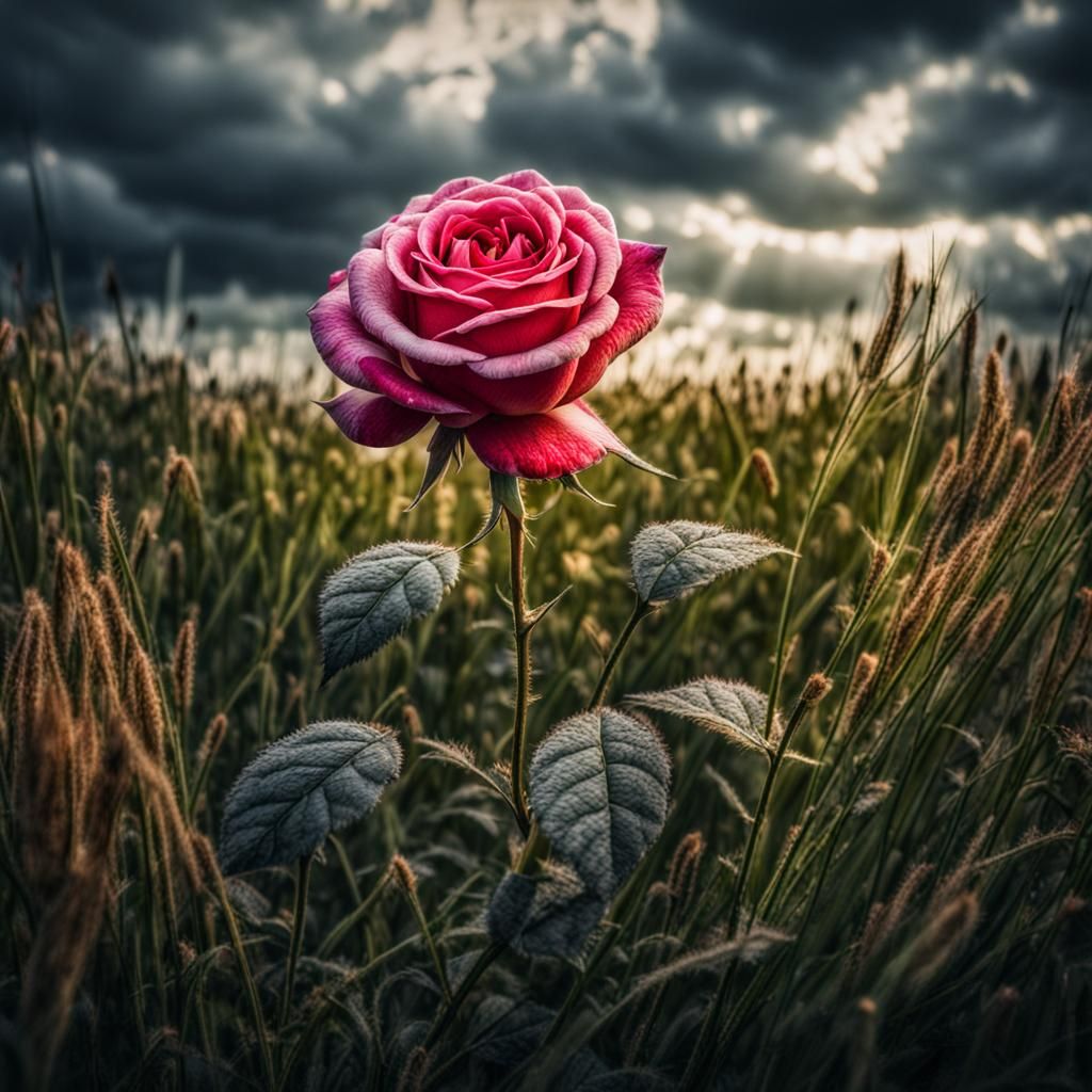 Hyperrealistic Rose in Field of Grass