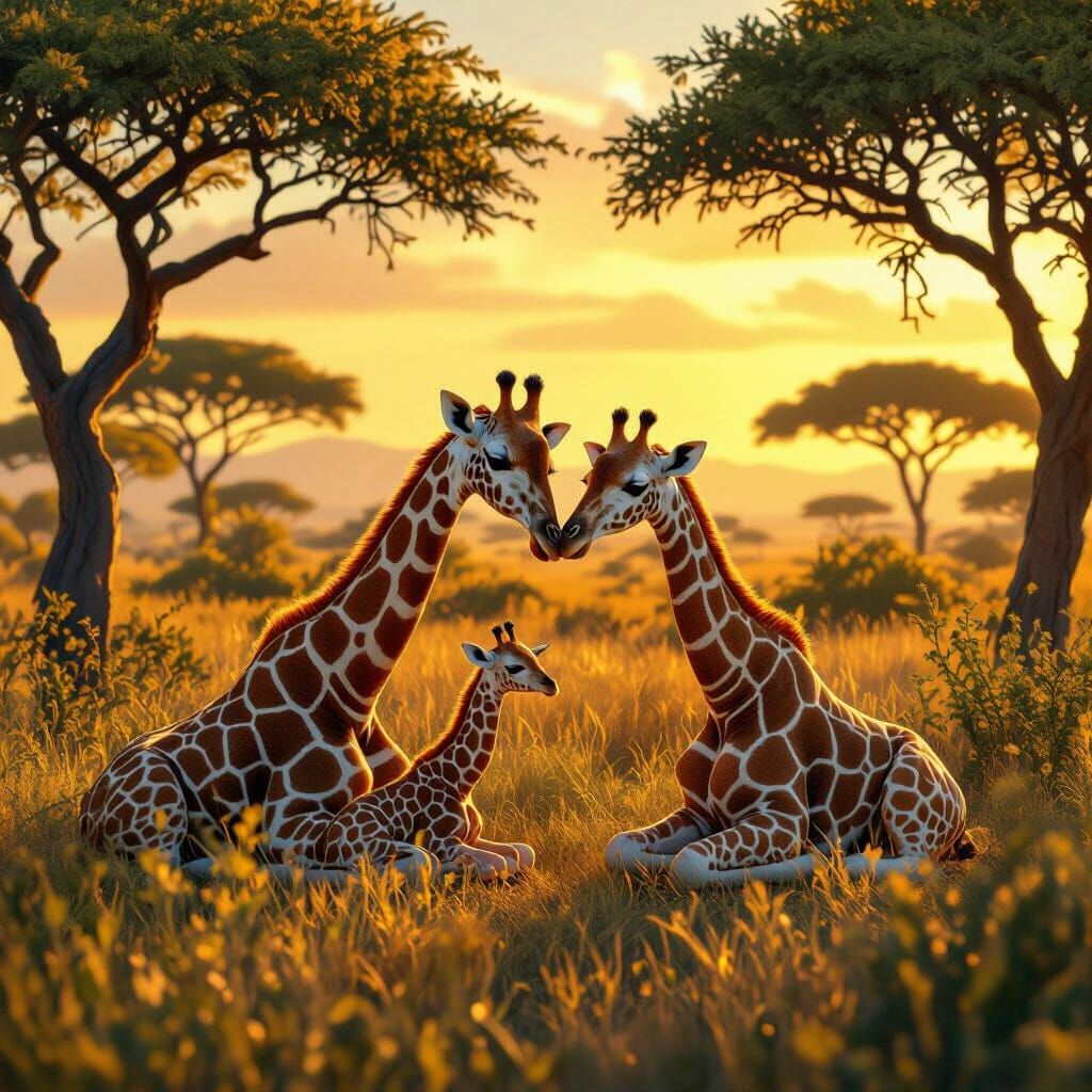 Giraffe Family in Savanna, Matte Painting Style