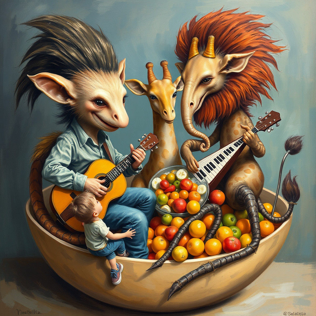 Mythical Band Plays Inside Fruit Bowl: Surreal Art