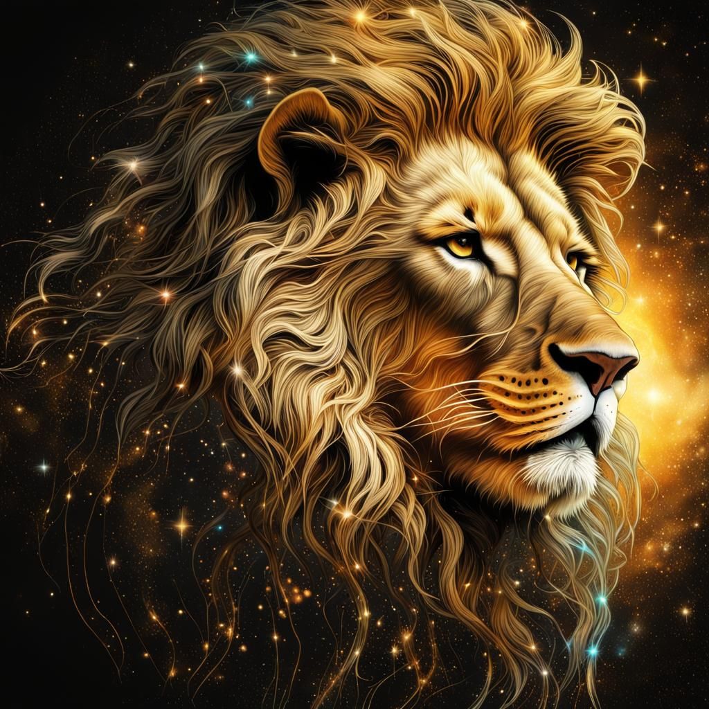 Golden Majestic Lion: Cosmic Holographic Illustration