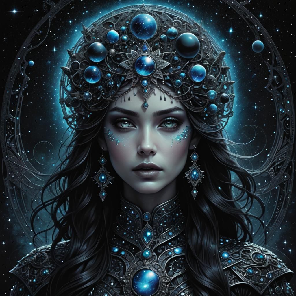 Iridescent Woman in Deep Blue Cosmic Space