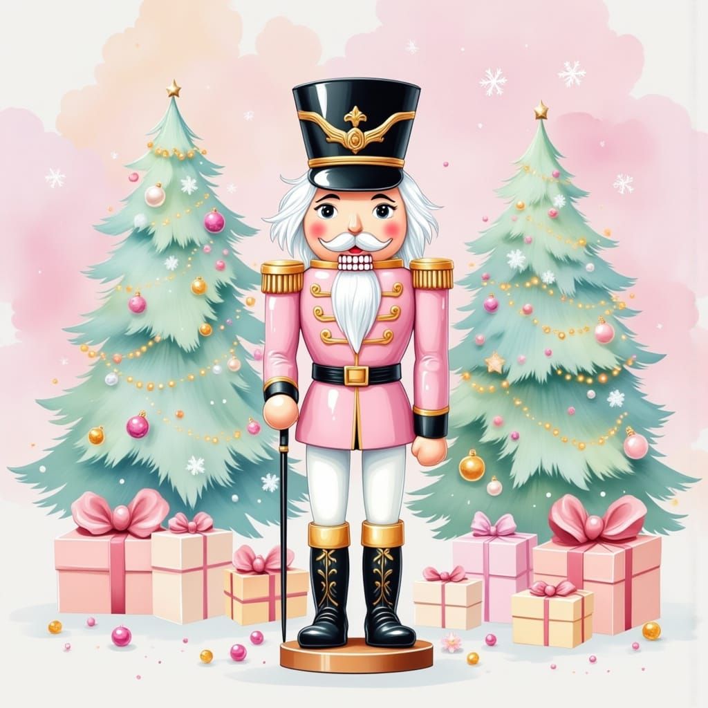 Pink Nutcracker Soldier with Christmas Trees and Gifts