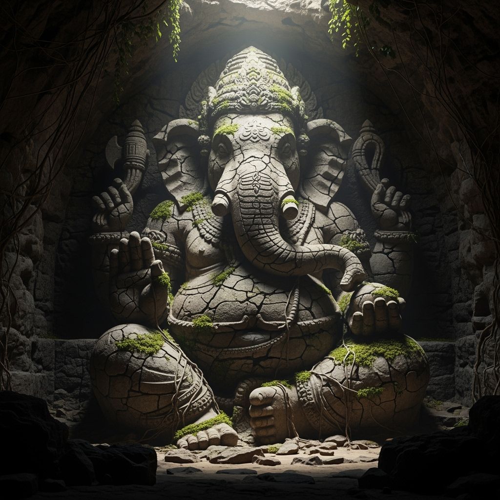 Ancient Stone Ganesha Sculpture in Cave