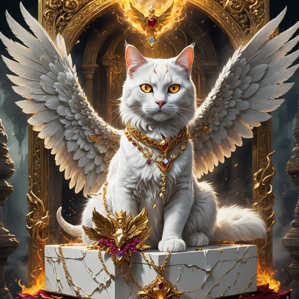 Winged Cat in Jeweled Display Case: Fantasy Art