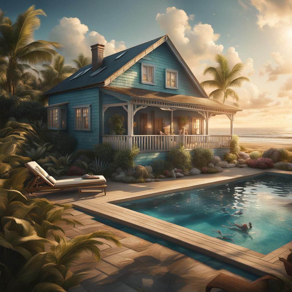 Beach Cottage with Pool: Digital Matte Painting
