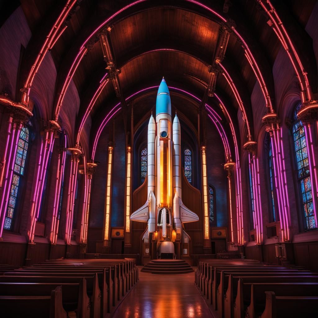 Steampunk Rocket in Church with Neon Lights