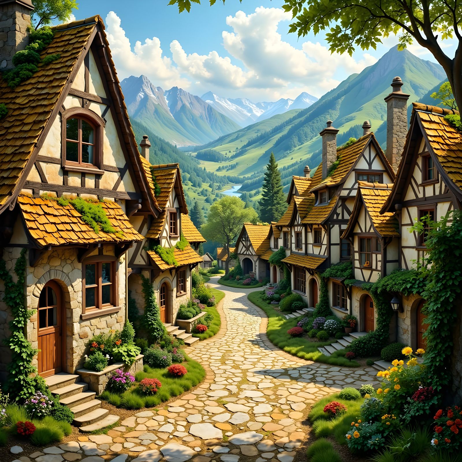 Whimsical Medieval Village in Mountain Landscape