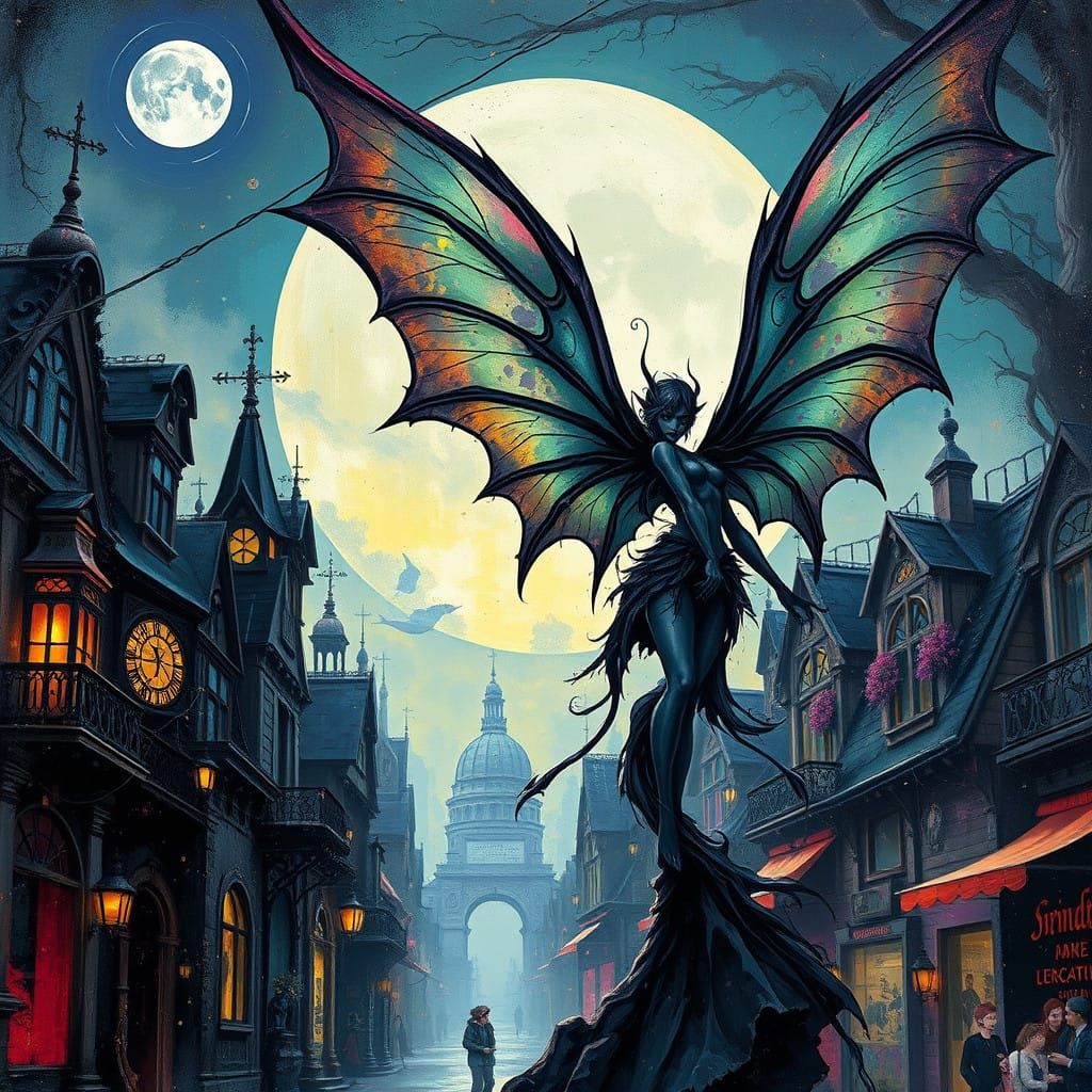 Dark Steampunk Fairy in Moonlit Art Nouveau City