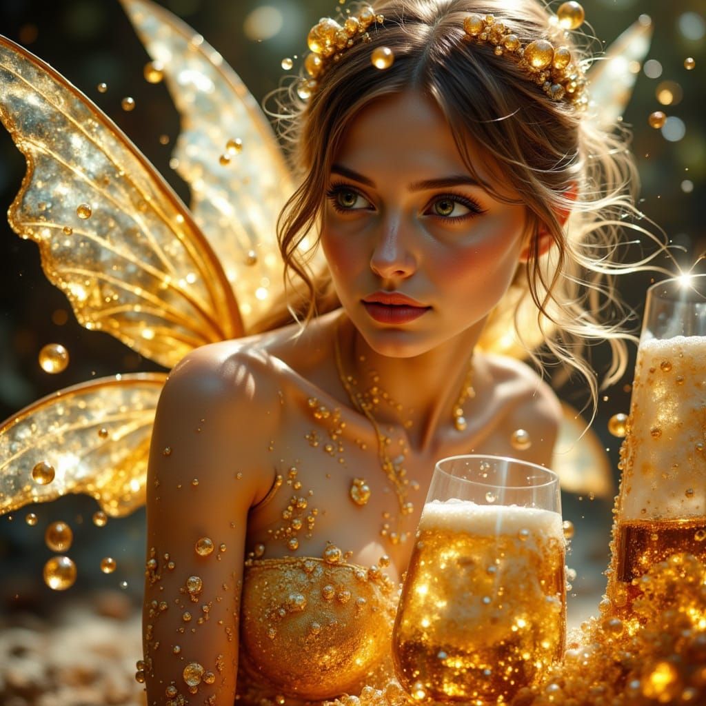 Fairies in Beer Bubbles: A Hyperrealistic Painting