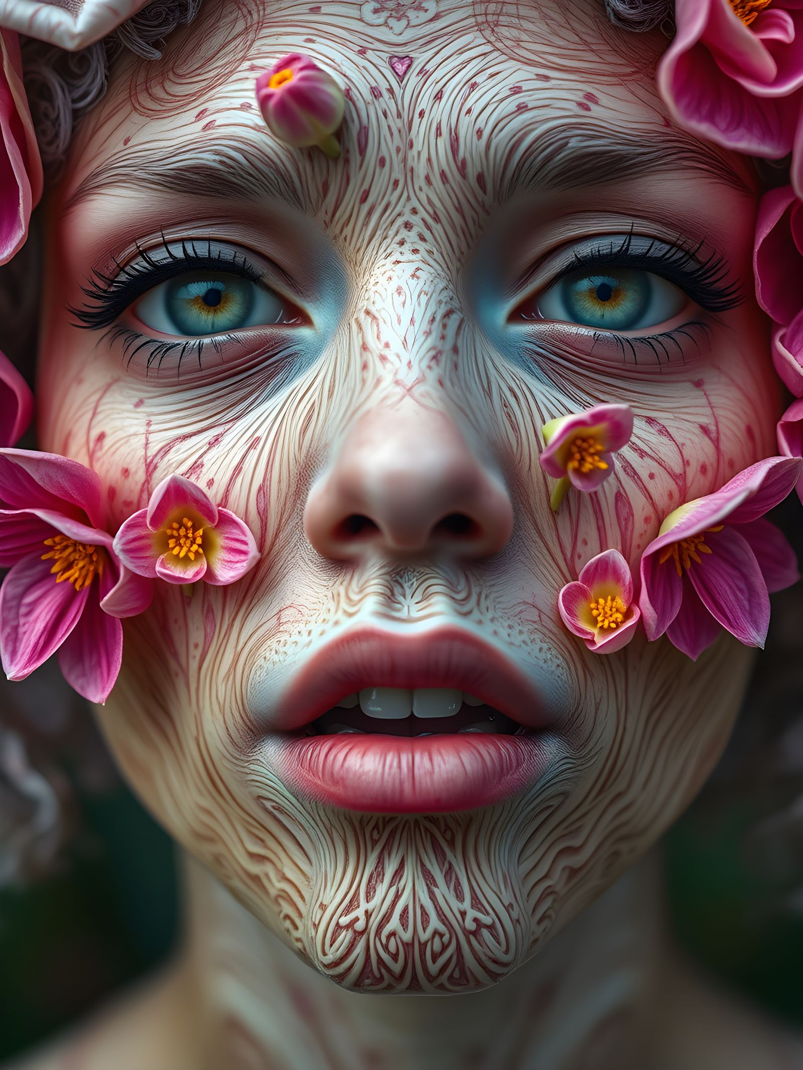Ethereal Albino Flower Face Blossoms in Vibrant Digital Wond...