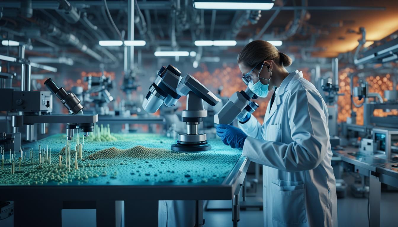 Futuristic Lab: Scientist Analyzing Microbes in 3D