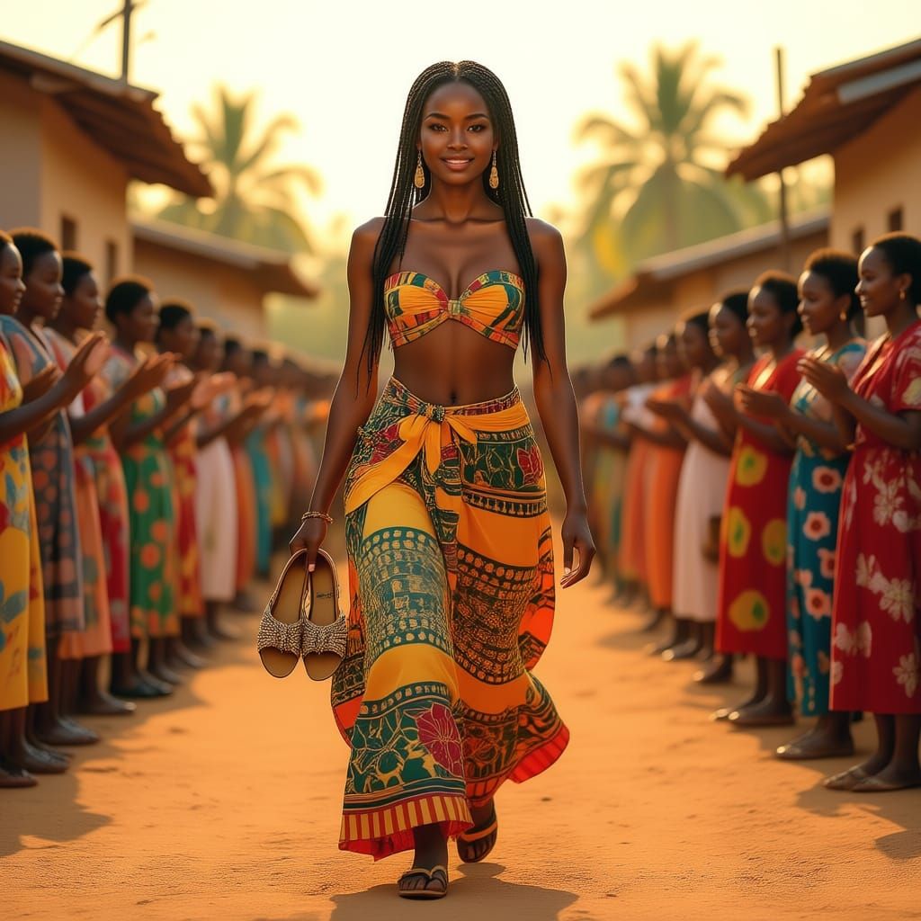 Young African Woman Walks Proudly Through Cheering Village