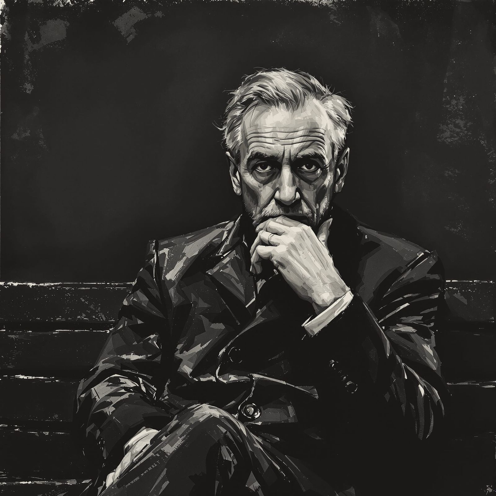 Charcoal Portrait of Thoughtful Man on Park Bench