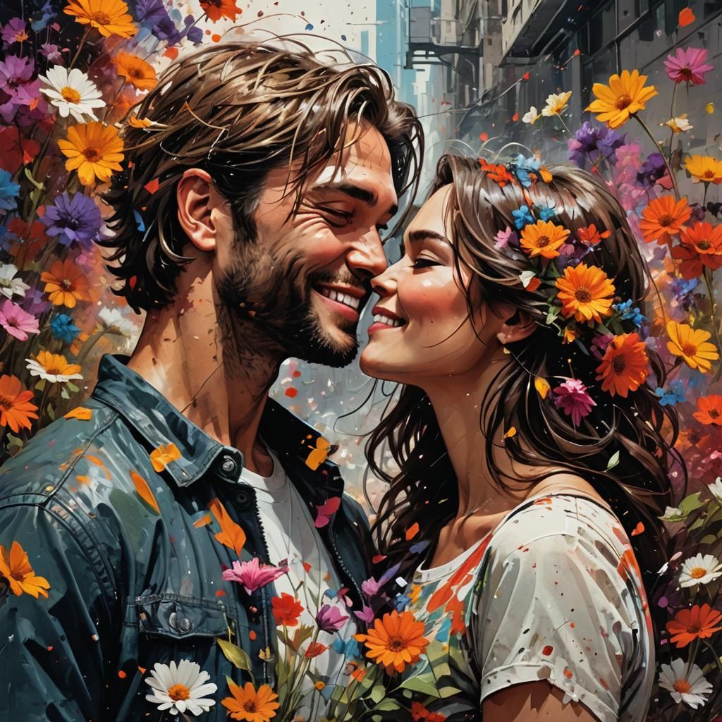 Kissing Couple Surrounded by Explosive Flowers